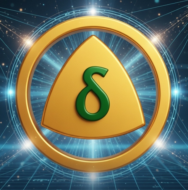 A stylized gold and green Delta logo featuring the number "8" is set against a digital blue background with interconnected lines, visually representing the decentralized, blockchain-based technology behind the Delta Kim ecosystem mentioned in the post.