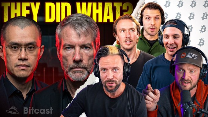 A YouTube live stream thumbnail for "Bitcast" features a collage of six men's faces—including Michael Saylor and former Binance CEO CZ—against a Bitcoin-patterned background, with bold yellow text reading "THEY DID WHAT?" The image aligns with the post's promotion of a live discussion featuring @JoeyTweeets, @WalkerAmerica, and @brandon_gentile, warning viewers not to trust institutions.