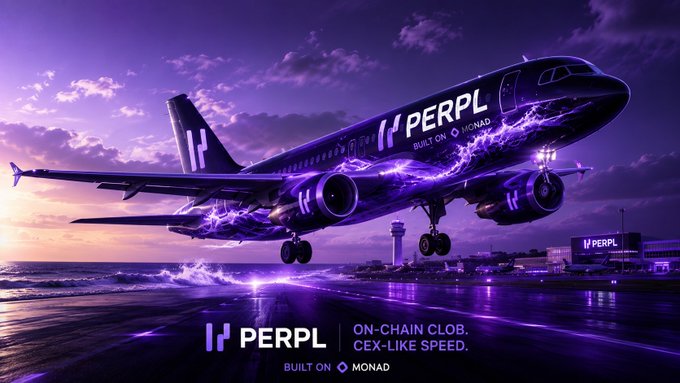 A dramatic purple-lit commercial airplane with "PERPL" branding and "BUILT ON MONAD" text is shown landing at a coastal airport, with the Perpl logo and tagline "ON-CHAIN CLUB. CEX-LIKE SPEED." displayed at the bottom—visually conveying the platform's promise of fast, efficient perpetual trading built on the Monad blockchain.