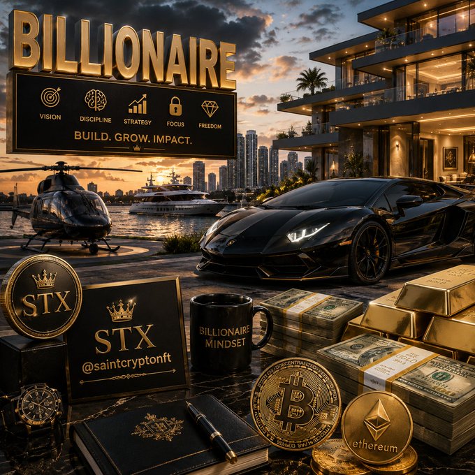 A 'BILLIONAIRE' themed graphic displaying 'BUILD. GROW. IMPACT.' with icons for Vision, Discipline, Strategy, Focus, and Freedom, alongside a luxury mansion, Lamborghini, helicopter, gold bars, Bitcoin, Ethereum, and 'STX @saintcryptonft' branding.