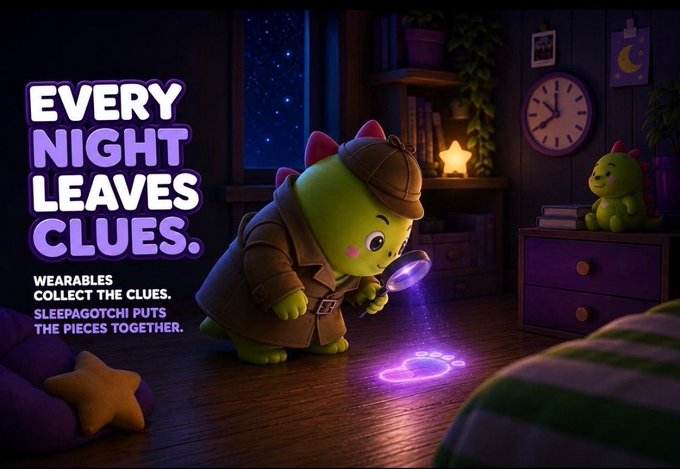 A promotional graphic for Sleepagotchi featuring a cartoon green dinosaur dressed as a detective with a magnifying glass, accompanied by the text 'EVERY NIGHT LEAVES CLUES. WEARABLES COLLECT THE CLUES. SLEEPAGOTCHI PUTS THE PIECES TOGETHER.'