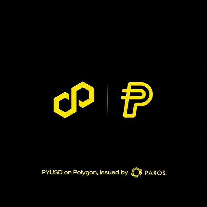 A black graphic features the yellow Polygon logo alongside the yellow Paxos "P" logo, separated by a vertical line, with the text "PYUSD on Polygon, issued by PAXOS" below. The image visually announces the native integration of PayPal's PYUSD stablecoin onto the Polygon network.