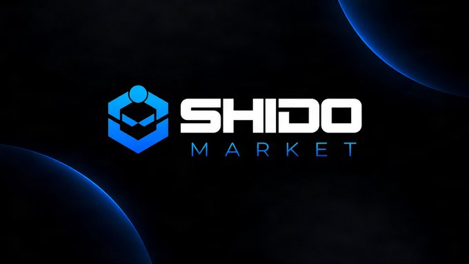 The Shido Market logo is displayed in white and blue text against a dark background with abstract blue circular shapes.