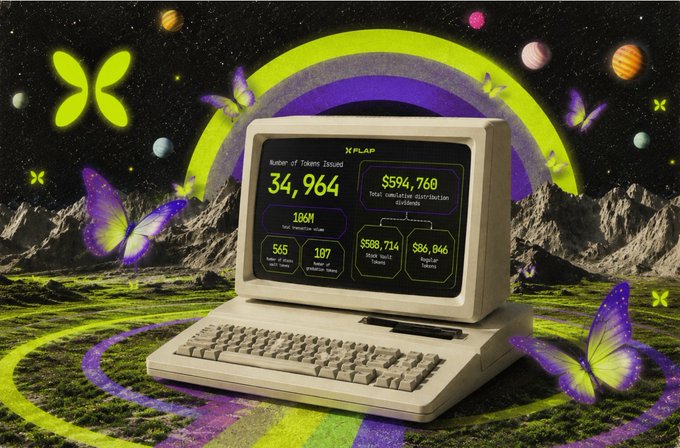 A retro-style digital artwork featuring an old computer monitor displaying XFLAP token statistics (34,964 tokens, $594,760 market cap) set against a cosmic background with planets, butterflies, and a neon rainbow.