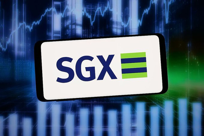 A graphic featuring the SGX (Singapore Exchange) logo displayed on a smartphone screen, set against a backdrop of blue stock market charts and financial graphs.