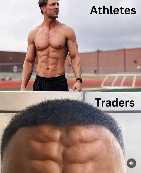 The image contrasts two figures labeled "Athletes" and "Traders"—the top shows a muscular, shirtless man standing on a track, while the bottom shows a close-up of a hairy male torso with defined abs. It humorously illustrates the post's joke, comparing athletes' physical "abs of steel" to traders' figurative "balls of steel" that vanish when their stop-loss triggers.