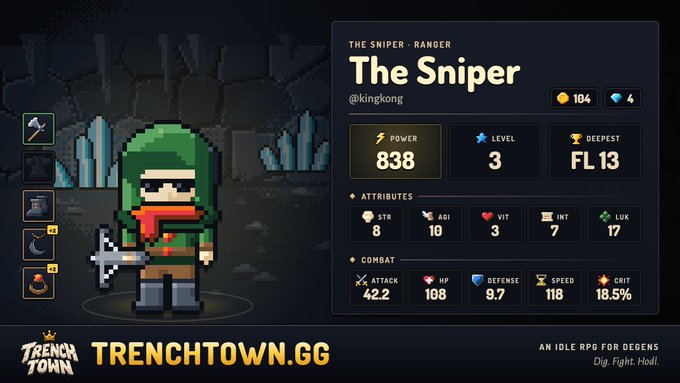 A pixel-art game character screen from trenchtown.gg displays "The Sniper" ranger character with stats including Power 838, Level 3, and various combat attributes.
