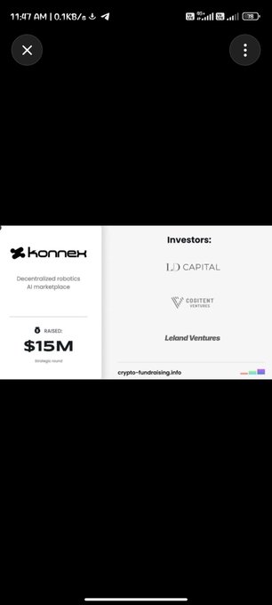 A fundraising information card for 'Konnexx', described as a 'Decentralized robotics AI marketplace,' highlighting a $15M raise and listing 'J)I) CAPITAL', 'COBITAT Ventures', and 'Leland Ventures' as investors.