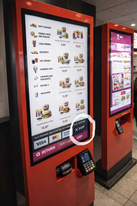 A KFC self-ordering kiosk displays menu items and a highlighted 'XRP' crypto payment option, alongside a circled menu showing categories like juicy chicken, cold drinks, and desserts.