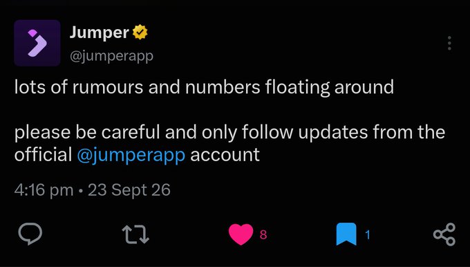 A social media post from the verified Jumper account (@jumperapp) dated 23 Sept 26, warning users about rumors and urging them to follow only the official account.