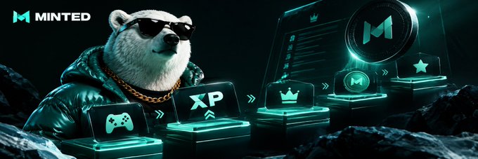 Promotional graphic featuring a polar bear in sunglasses and a gold chain next to a glowing progress path with XP, crown, and "M" coin icons, branded with the "MINTED" logo.