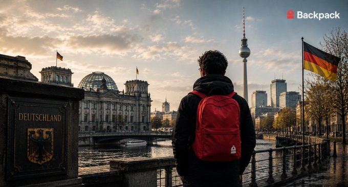 A backpacker with a red backpack overlooks Berlin's iconic skyline, featuring the Reichstag, Berlin TV Tower, and a "DEUTSCHLAND" sign, with the German flag waving nearby—capturing the essence of adventure and preparation for travel in Germany.