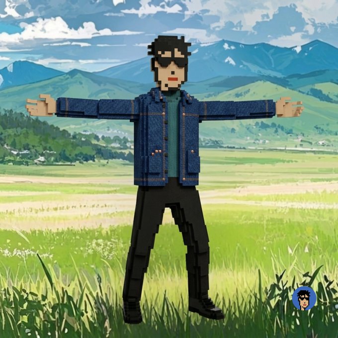 A pixel-art style 3D character with black hair, sunglasses, a blue denim jacket, and black pants stands with arms outstretched in a green grassy field with mountains in the background.