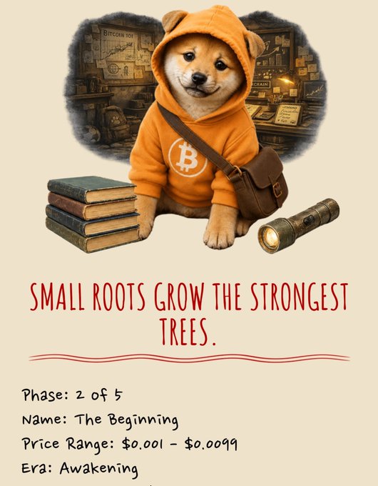 Promotional graphic for a Bitcoin-themed NFT project featuring a Shiba Inu puppy in an orange Bitcoin hoodie with a satchel, books, and a flashlight, captioned "Small roots grow the strongest trees," "Phase: 2 of 5," "Name: The Beginning," "Price Range: $0.001 - $0.0099," and "Era: Awakening."
