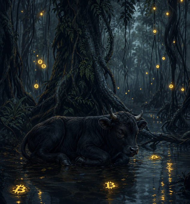 A black bull rests in a dark, mystical forest as glowing Bitcoin symbols and orbs float around the water and trees. The image symbolizes bullish optimism, matching the post's excitement about Bitcoin holding strong at 65,200 despite geopolitical tensions.