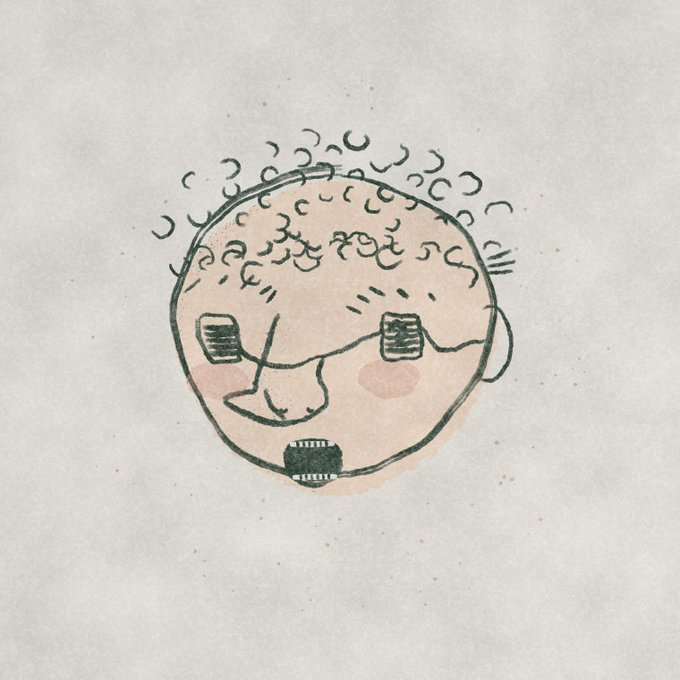 A simple hand-drawn illustration of a face with curly hair, rectangular glasses, and an open mouth.