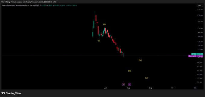 A TradingView daily chart of Source Exploration Technologies Corp (SPCX) on NASDAQ shows a bearish trend with price declining from ~$230 toward a support zone near $99.01, with Elliott Wave labels (iii), (iv), (v), (i), and (ii) marked projecting further downside—aligning with the post's plan to accumulate shares between $60-$80 for long-term holdings.