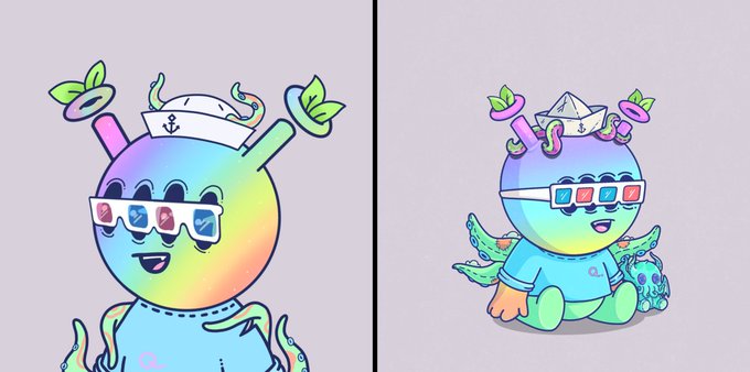 Two colorful cartoon character illustrations show a round gradient creature wearing a sailor hat, sunglasses, and 3D glasses, with small green leaves floating around its antenna-like appendages.