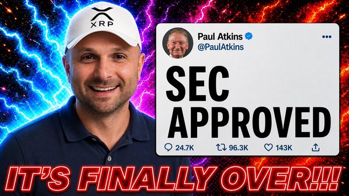 A smiling man wearing an XRP cap appears alongside a fake tweet attributed to "@PaulAtkins" claiming "SEC APPROVED," with the bold caption "IT'S FINALLY OVER!!!" overlaid on an electric blue and red lightning background. The image functions as sensational clickbait promoting a YouTube video about crypto regulatory developments, using the misleading "SEC approved" headline to lure viewers to the post's link despite no actual approval being referenced.