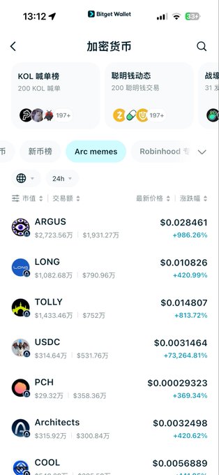Bitget Wallet app screenshot displaying the 'Arc memes' cryptocurrency list, showing tokens like ARGUS, LONG, TOLLY, USDC, PCH, Architects, and COOL with their prices and 24-hour percentage gains.