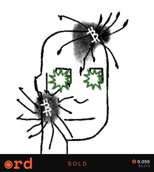A crude digital drawing of a face with green starburst eyes, with dark splotches containing tally marks on the head and cheek, labeled 'ord' and marked 'SOLD' for $3,573.