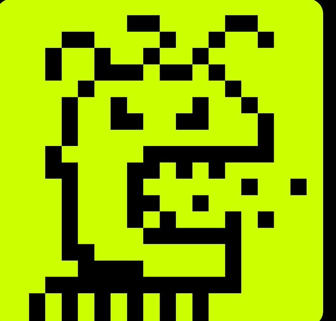 A pixelated lime-green and black stylized portrait of a creature with horns and bared teeth, presented as a rounded-square icon.