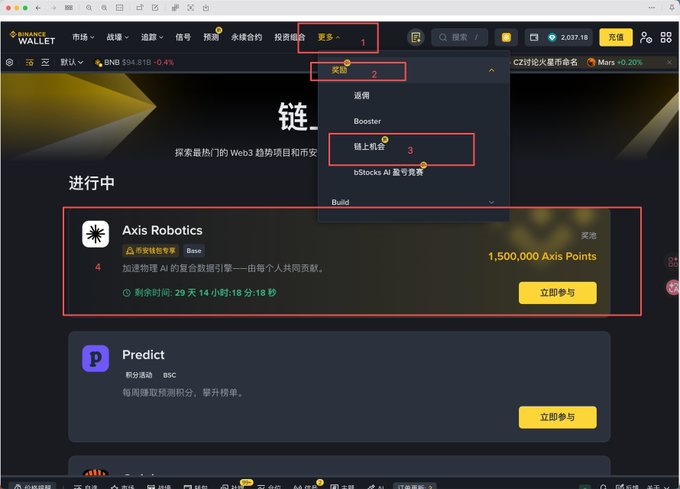 A screenshot of the Binance Wallet website in Chinese, showing a navigation menu with steps 1-4 highlighted in red boxes leading to the '链上机会' (On-chain Opportunities) section featuring an Axis Robotics airdrop.