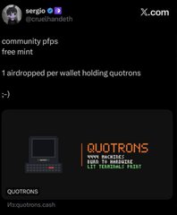 A social media post by 'sergio @cruzhandoeth' advertises a 'community qfps free mint' with '1 airdropped per wallet holding quotrons' for QUOTRONS, a meme coin on Robinhood Chain.