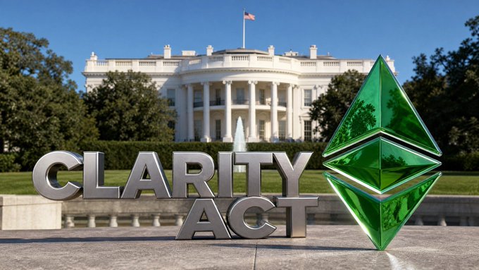 The image shows the White House in the background with large metallic "CLARITY ACT" text and a green Ethereum diamond logo in the foreground, symbolizing U.S. legislation that defines regulatory jurisdiction over digital assets—directly relevant to the post's argument that the Clarity Act benefits Ethereum Classic ($ETC) by establishing its decentralized Proof-of-Work nature as criteria for CFTC oversight rather than SEC enforcement.