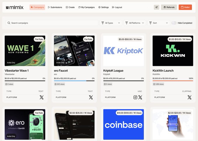 Mimix dashboard displaying multiple crypto marketing campaigns including 'Vibestarter Wave 1', 'ero Faucet', 'KriptoK League', and 'KickWin Launch' across X (Twitter) and Instagram platforms.