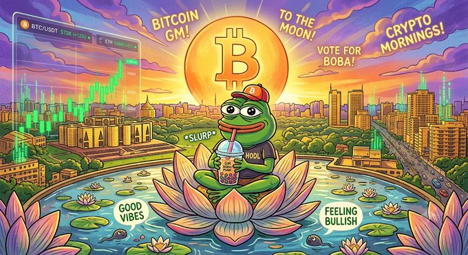 A colorful digital illustration of a frog drinking boba on a lotus flower, surrounded by a cityscape, Bitcoin logo, and text including 'BITCOIN GM!', 'TO THE MOON!', 'VOTE FOR BOBA!', and 'FEELING BULLISH'.