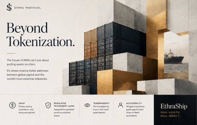 Promotional graphic for 'ETHRA PROTOCOL' titled 'Beyond Tokenization,' featuring shipping containers and a cargo ship, with sections highlighting '$SHIP, REGULATED INVESTMENT LAYER, TRANSPARENCY, ACCESSIBILITY' and 'EthraShip' branding.