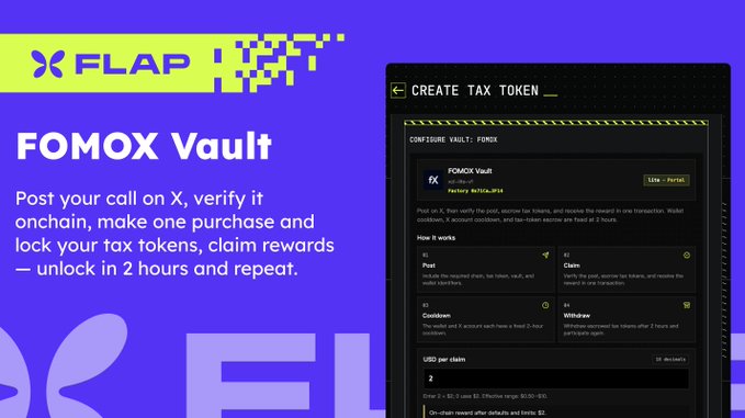 A promotional banner for FLAP's FOMOX Vault, instructing users to post a call on X, verify it onchain, make a purchase, and lock their tax tokens to claim rewards. The interface shows a 'Create Tax Token' page with steps including Post, Claim, Cooldown, and Withdraw.