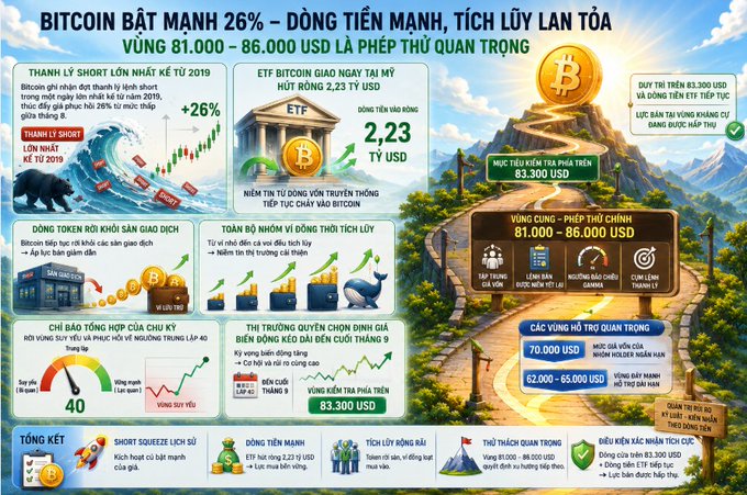 A Vietnamese-language infographic titled 'BITCOIN BẤT MẠNH 26% – DÒNG TIỀN MẠNH, TÍCH LŨY LAN TỎA' forecasting Bitcoin's price zone between 81,000–86,000 USD with targets up to 83,300 USD.