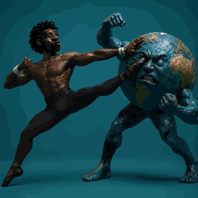 A digital illustration depicts a muscular shirtless fighter with dark hair delivering a high kick to a muscular anthropomorphic Earth, set against a teal background.