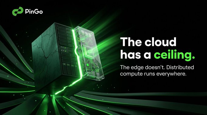 A promotional graphic for PinGo with the slogan 'The cloud has a ceiling. The edge doesn't. Distributed compute runs everywhere,' featuring a cracking server tower.