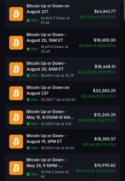 A list of resolved cryptocurrency trading positions showing multiple 'Bitcoin Up or Down' wins, including August 22 ($64,841.77, +74.27%), August 20 7AM ET (+208.25%), and August 23 (+83.63%).