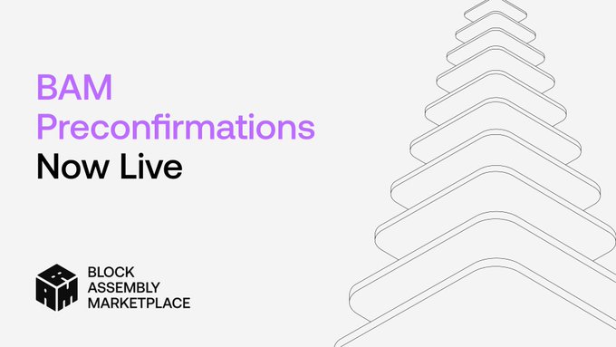 Promotional graphic with the text 'BAM Preconfirmations Now Live' alongside the Block Assembly Marketplace logo on a light gray background with chevron patterns.