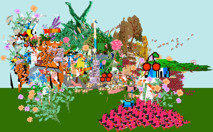 A vibrant, chaotic digital collage fills the frame with flowers, butterflies, buildings, and various pixelated elements against a green and blue background.