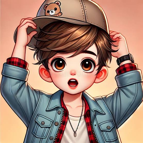The image features a young boy wearing a blue denim jacket with red plaid sleeves and a brown teddy bear hat sitting atop his head. The boy appears surprised or excited as he looks up at something above him, possibly an object or event that has caught his attention. The background of the image is a gradient of orange and yellow colors, which adds depth to the scene and enhances the overall visual appeal.