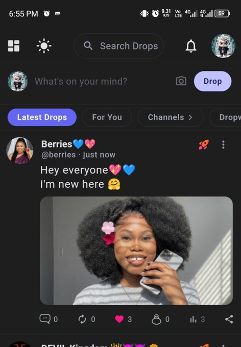 A screenshot of the DropSocial app shows a "Latest Drops" feed featuring a new user named "Berries💙💗" (@berries) posting "Hey everyone💖💙 I'm new here🫶" with an attached selfie photo, which aligns with the #DropSocial #drops hashtag by showcasing a fresh community introduction post.