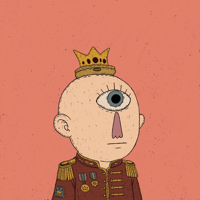 A surreal cartoon illustration of a bald figure in a red military uniform with medals, wearing a small gold crown, with a single large eye in the center of its face against a coral background.