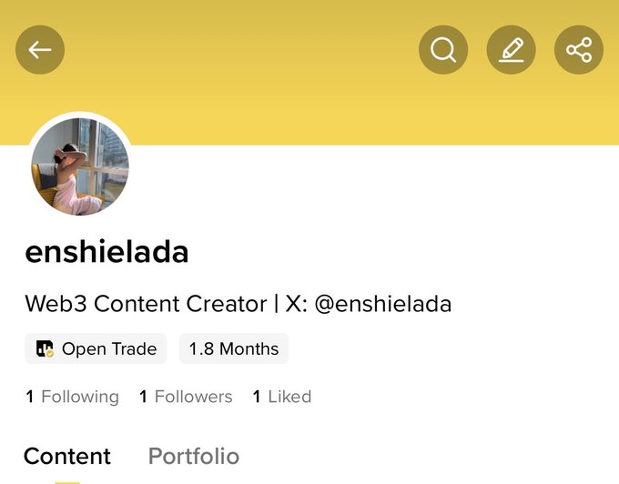 A profile page for 'enshielada', a Web3 Content Creator with handles on Open Trade, showing 1 Following, 1 Followers, and 1 Liked.