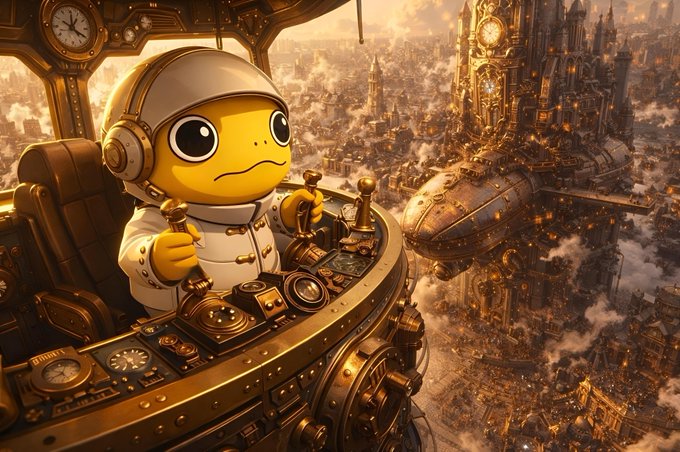 A steampunk-style yellow character in a pilot's helmet and goggles grips the controls of an ornate brass airship cockpit, soaring above a sprawling clockwork city of towering spires and gears at golden hour.

The image perfectly captures the post's message: like the determined pilot navigating through a complex, mechanical skyline with focus and momentum, $TURBO keeps its mission steady and forward-moving with clear vision and high energy.