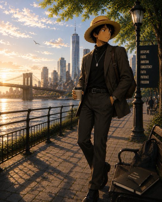 An anime-style illustration depicts a young man wearing a straw hat, dark blazer, and turtleneck, holding a coffee cup while standing on a waterfront promenade overlooking the Brooklyn Bridge and city skyline at sunset.