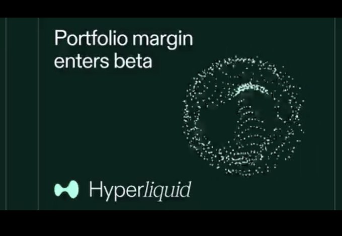 A dark promotional graphic featuring a dotted fingerprint design with the headline "Portfolio margin enters beta" and the Hyperliquid logo at the bottom, announcing the platform's portfolio margin feature entering beta testing.