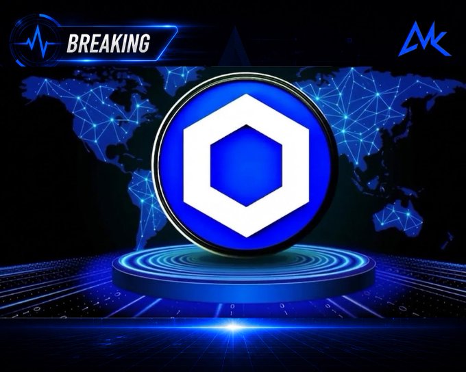 A 'BREAKING' news-style graphic featuring the blue Chainlink (LINK) cryptocurrency logo on a digital world map background.
