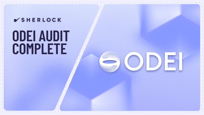 The image features a poster for a product named "ODei Audit Complete" with a blue background and white text. The poster includes a logo of a circle with an arrow pointing towards the word "ODei", indicating that this product is related to the verification process called "ODei". The post also mentions that the product is from Sherlock, which suggests it might be a tool or service provided by the company for verifying assets on the blockchain.