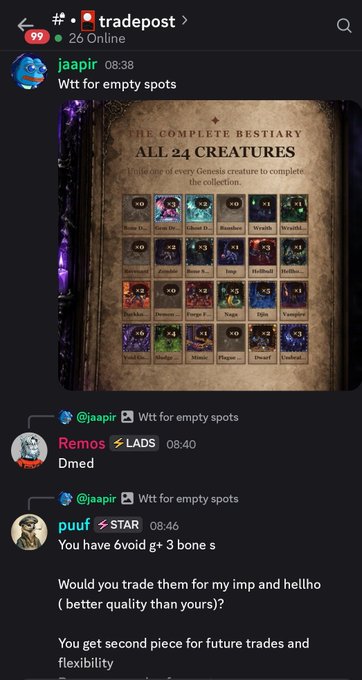 A Discord chat screenshot from 'tradepost' shows users 'jaapir', 'Remos ⚡LADS', and 'puuf ⚡STAR' discussing trades, with a 'Complete Bestiary' image showing all 24 Genesis creatures.