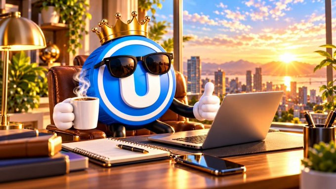 A 3D-rendered cartoon character depicting a blue Unison (U) token with sunglasses and a gold crown, relaxing at a desk with coffee and a phone, with a city skyline at sunset in the background.